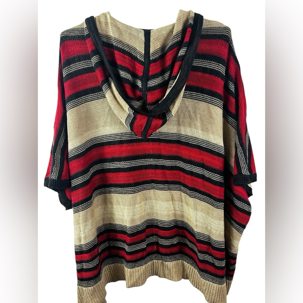Lauren Ralph Lauren Active red, black, and tan striped hooded knit poncho - Picture 3 of 7